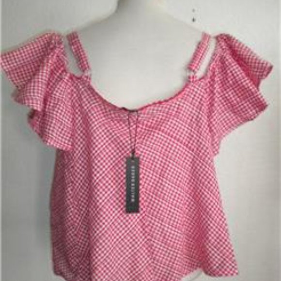 WALTER BAKER MS SIZES RED AND WHITE GINGHAM COLD SHOULDER CROP BLOUSE - Picture 2 of 7